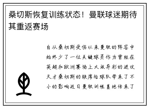 桑切斯恢复训练状态！曼联球迷期待其重返赛场