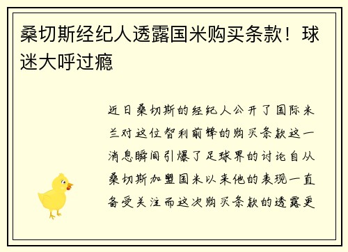 桑切斯经纪人透露国米购买条款！球迷大呼过瘾